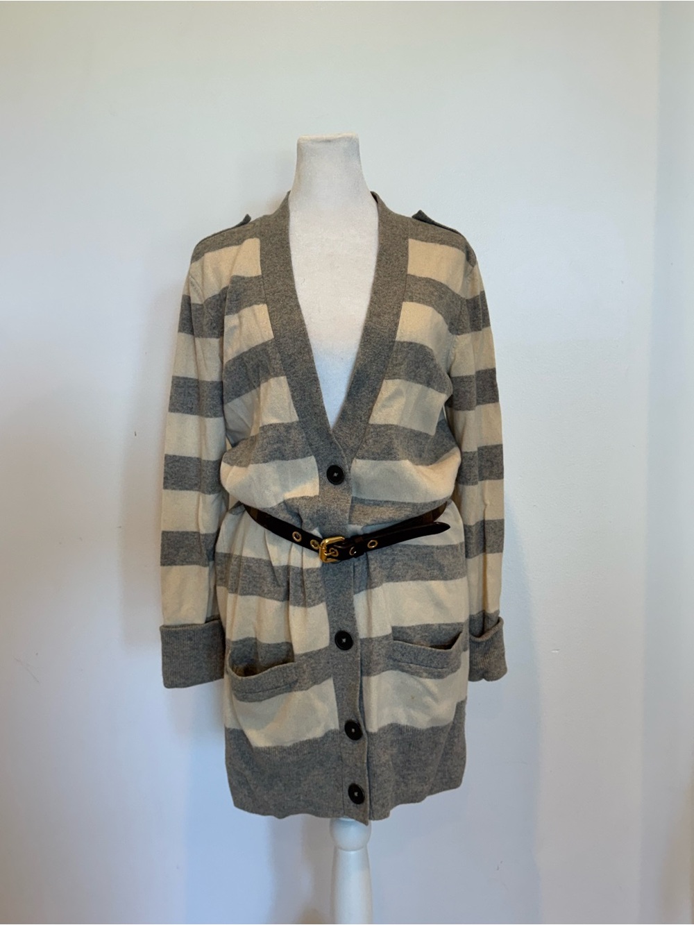 Vince Cream and Gray Striped Button-Up Cardigan